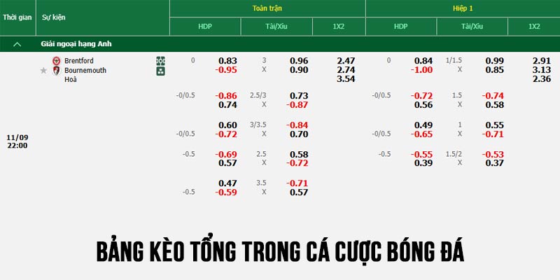 Kèo chấp, kèo tài xỉu và kèo châu Âu kết quả chung cuộc là 3 loại chính luôn hiển thị trên bảng kèo tổng